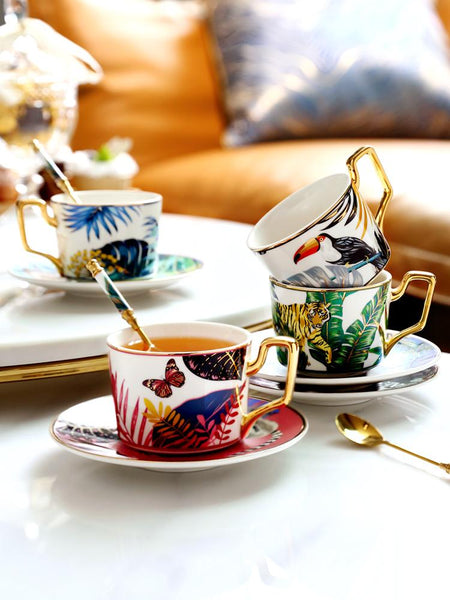 Elegant Tea Cups and Saucers, Jungle Toucan Pattern Porcelain Coffee Cups, Coffee Cups with Gold Trim and Gift Box-artworkcanvas