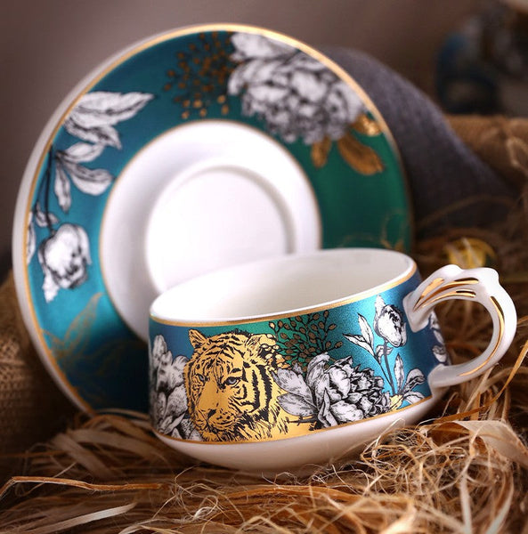Handmade Ceramic Cups with Gold Trim and Gift Box, Jungle Tiger Cheetah Porcelain Coffee Cups, Creative Ceramic Tea Cups and Saucers-artworkcanvas