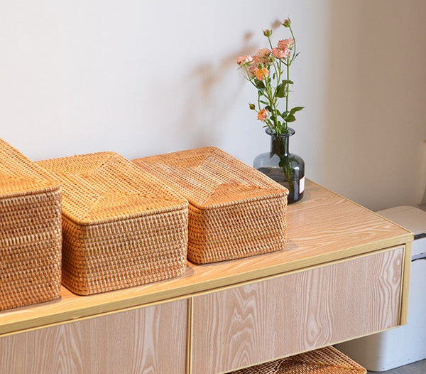 Extra Large Woven Rattan Storage Basket for Bedroom, Rattan Storage Baskets, Rectangular Woven Basket with Lid, Storage Baskets for Shelves-artworkcanvas