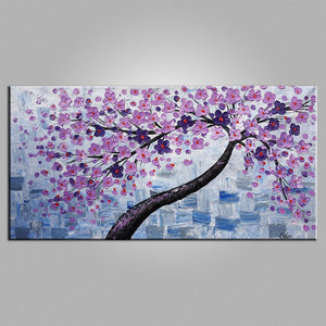 Original Painting Cherry Blossoms Wall Art Pink and Purple Flowers