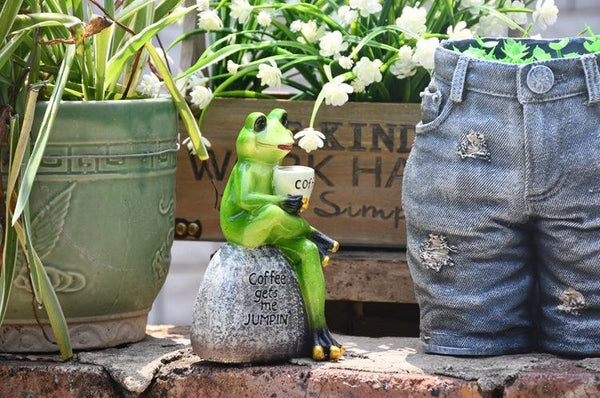 Frog Drinking Coffee Statue for Garden, Animal Statue for Garden Courtyard Ornament, Villa Outdoor Decor Gardening Ideas-artworkcanvas