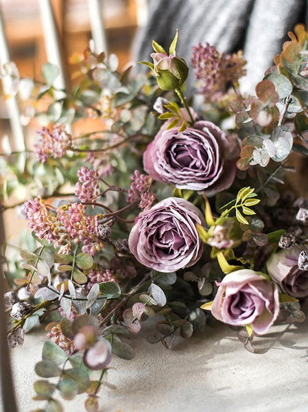 Artificial Floral for Bedroom, Bunch of Purple Rose Flowers, Eucalyptus globulus, Botany Plants, Creative Flower Arrangement Ideas for Home Decoration-artworkcanvas