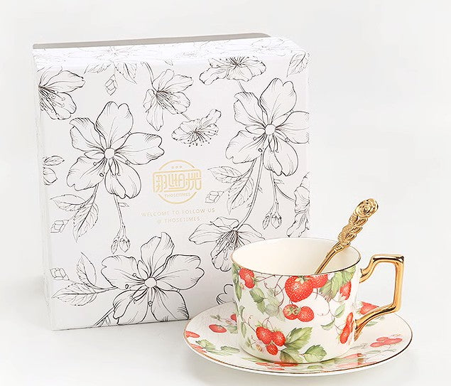 Strawberry Bone China Porcelain Tea Cup Set, Elegant Ceramic Coffee Cups, British Royal Ceramic Cups for Afternoon Tea, Unique Blue Tea Cup and Saucer in Gift Box-artworkcanvas