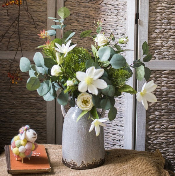 Eucalyptus Globulus, Clematis, White Rose Flowers, Unique Flower Arrangement for Home Decoration, Beautiful Modern Artificial Flowers for Dining Room Table-artworkcanvas