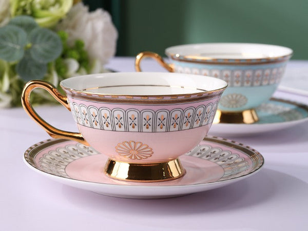 Royal Blue and Pink Bone China Porcelain Tea Cup Set, Tea Cups and Saucers in Gift Box, Elegant Ceramic Coffee Cups, Beautiful British Tea Cups-artworkcanvas