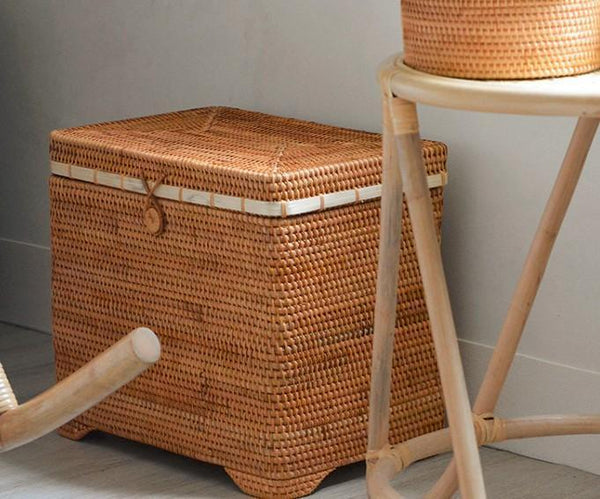 Large Rectangular Storage Basket with Lid, Rattan Storage Case, Storage Baskets for Bedroom, Rectangular Woven Storage Baskets for Clothes-artworkcanvas