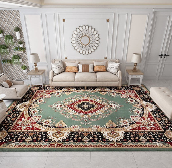 Large Oriental Floor Carpets under Dining Room Table, Luxury Thick and Soft Green Rugs for Living Room, Large Royal Flower Pattern Floor Rugs in Bedroom-artworkcanvas