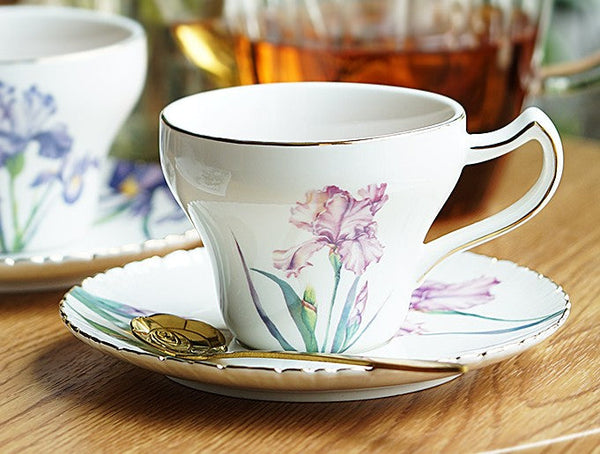 Iris Flower British Tea Cups, Beautiful Bone China Porcelain Tea Cup Set, Traditional English Tea Cups and Saucers, Unique Ceramic Coffee Cups in Gift Box-artworkcanvas