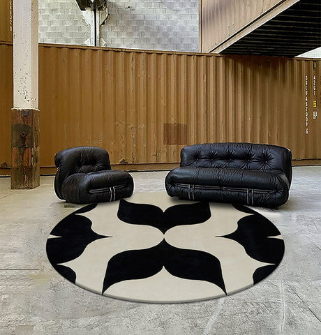 Coffee Table Round Rugs, Black and White Modern Wool Rugs, Abstract Round Modern Rug for Dining Room Table, Modern Wool Rugs for Living Room, Modern Rugs for Bedroom-artworkcanvas