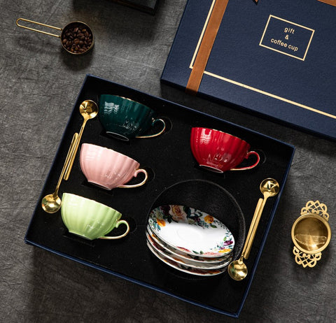 Beautiful British Tea Cups, Creative Bone China Porcelain Tea Cup Set, Elegant Ceramic Coffee Cups, Unique Tea Cups and Saucers in Gift Box-artworkcanvas