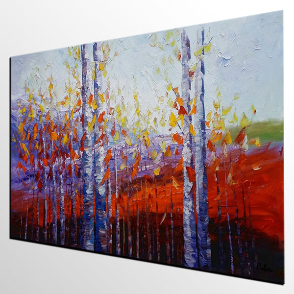 Large Canvas Art, Autumn Landscape Art, Birch Tree Artwork, Canvas Painting for Dining Room-artworkcanvas