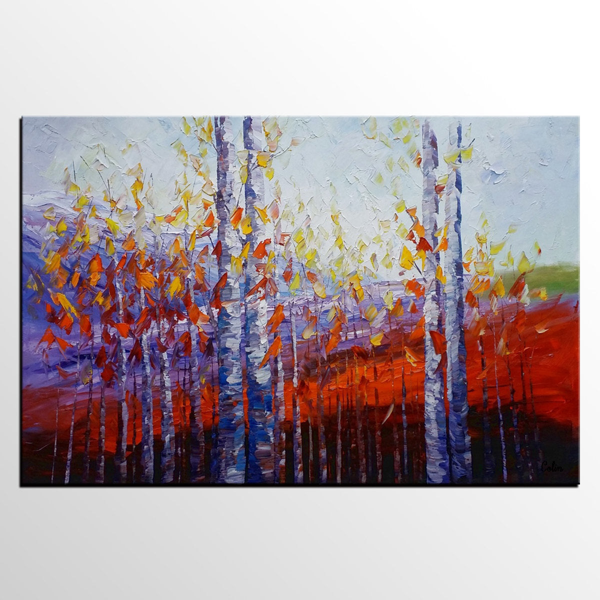 Large Canvas Art, Autumn Landscape Art, Birch Tree Artwork, Canvas Painting for Dining Room-artworkcanvas