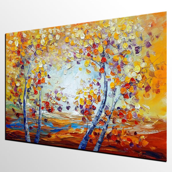 Heavy Texture Canvas Art, Autumn Tree Landscape Art, Custom Canvas Painting for Living Room-artworkcanvas