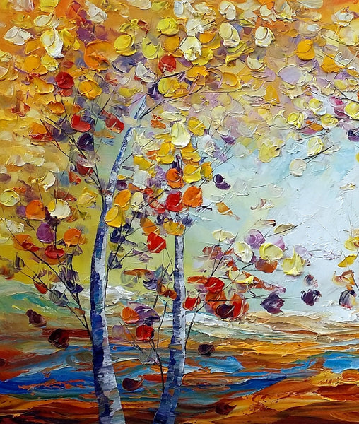 Heavy Texture Canvas Art, Autumn Tree Landscape Art, Custom Canvas Painting for Living Room-artworkcanvas