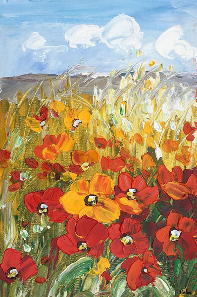 Heavy Texture Oil Painting, Red Poppy Field Painting, Small Painting, Abstract Painting-artworkcanvas