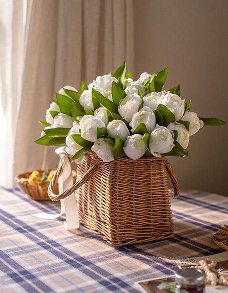 Spring Artificial Floral for Dining Room Table, White Tulip Flowers, Bedroom Flower Arrangement Ideas, Simple Modern Floral Arrangement Ideas for Home Decoration-artworkcanvas