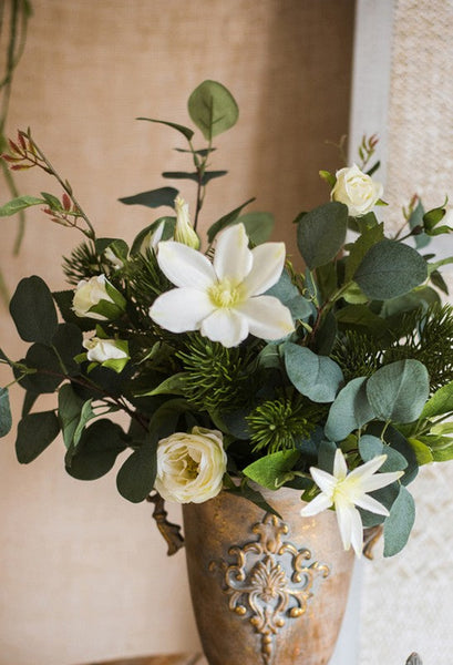 Eucalyptus Globulus, Clematis, White Rose Flowers, Unique Flower Arrangement for Home Decoration, Beautiful Modern Artificial Flowers for Dining Room Table-artworkcanvas