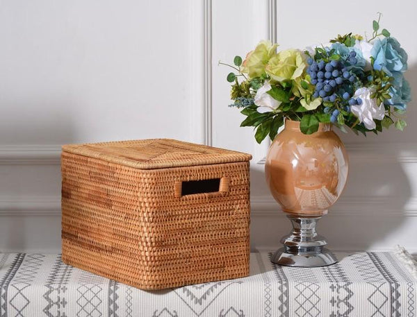 Wicker Rattan Storage Basket for Shelves, Storage Baskets for Bedroom, Rectangular Storage Basket with Lid, Pantry Storage Baskets-artworkcanvas