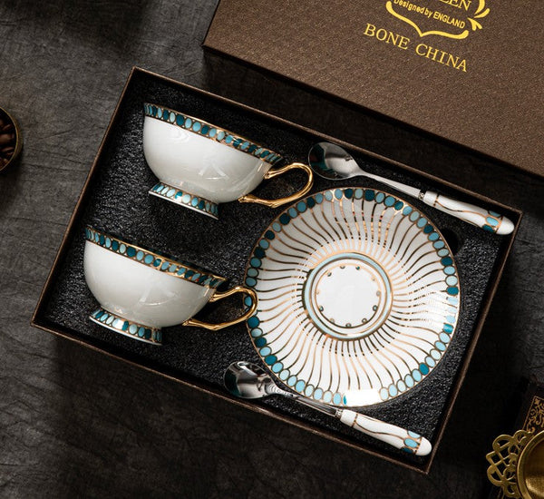 Unique Tea Cup and Saucer in Gift Box, Elegant British Ceramic Coffee Cups, Bone China Porcelain Tea Cup Set for Office, Green Ceramic Cups-artworkcanvas