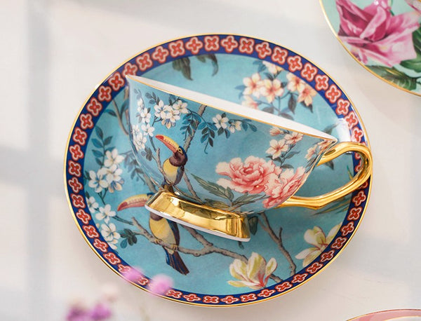 Unique Afternoon Tea Cups and Saucers in Gift Box, Royal Bone China Porcelain Tea Cup Set, Elegant Flower Pattern Ceramic Coffee Cups, Beautiful British Tea Cups-artworkcanvas