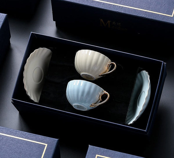 Unique Tea Cups and Saucers in Gift Box as Birthday Gift, Elegant Macaroon Ceramic Coffee Cups, Beautiful British Tea Cups, Creative Bone China Porcelain Tea Cup Set-artworkcanvas