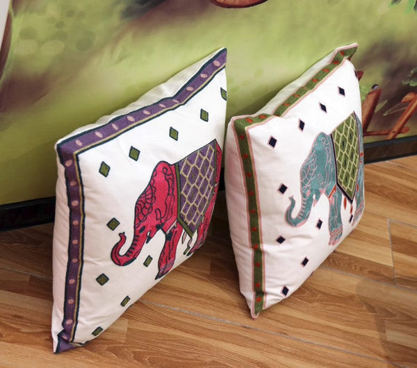 Cotton Decorative Pillows, Elephant Embroider Cotton Pillow Covers, Farmhouse Decorative Sofa Pillows, Decorative Throw Pillows for Couch-artworkcanvas