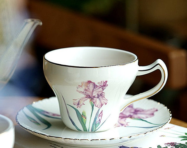 Iris Flower British Tea Cups, Beautiful Bone China Porcelain Tea Cup Set, Traditional English Tea Cups and Saucers, Unique Ceramic Coffee Cups in Gift Box-artworkcanvas