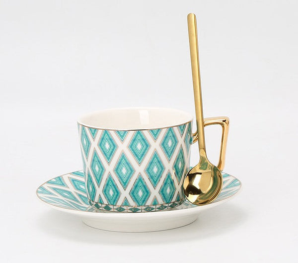 Afternoon Green British Tea Cups, Unique Ceramic Coffee Cups, Creative Bone China Porcelain Tea Cup Set, Traditional English Tea Cups and Saucers-artworkcanvas