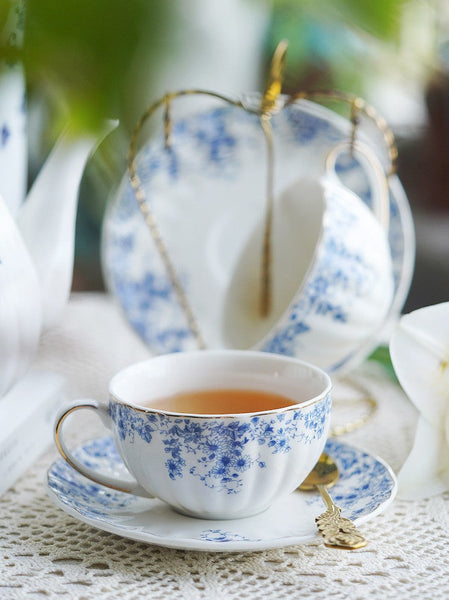Blue Bone China Porcelain Tea Cup Set, British Royal Ceramic Cups for Afternoon Tea, Unique Blue Tea Cup and Saucer in Gift Box, Elegant Ceramic Coffee Cups-artworkcanvas
