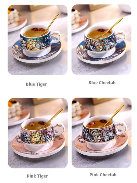 Creative Ceramic Tea Cups and Saucers, Jungle Tiger Cheetah Porcelain Coffee Cups, Unique Ceramic Cups with Gold Trim and Gift Box-artworkcanvas