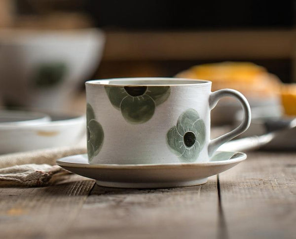 Cappuccino Coffee Cup, Spring Flower Coffee Cup, Rustic Tea Cup, Pottery Coffee Cups, Coffee Cup and Saucer Set-artworkcanvas