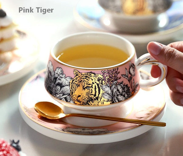 Creative Ceramic Tea Cups and Saucers, Jungle Tiger Cheetah Porcelain Coffee Cups, Unique Ceramic Cups with Gold Trim and Gift Box-artworkcanvas