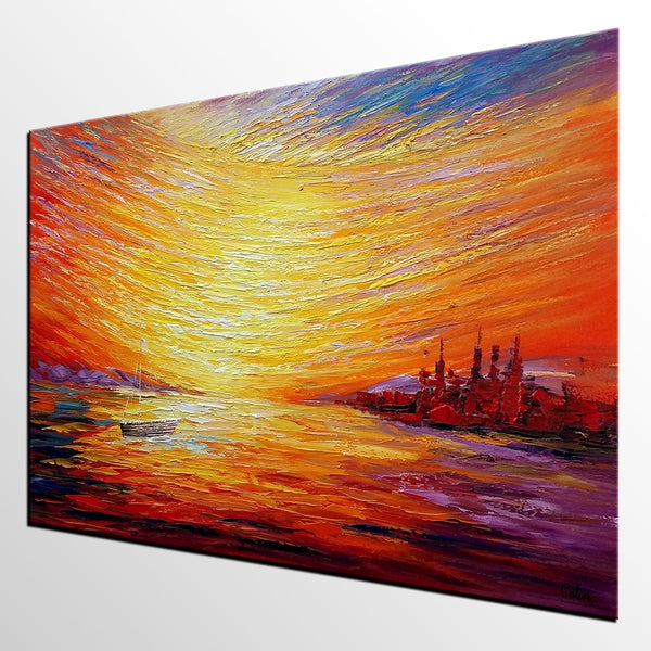 Sail Boat at Sea, Sunrise Painting, Oil Painting, Wall Art, Canvas Painting, Impasto Art-artworkcanvas