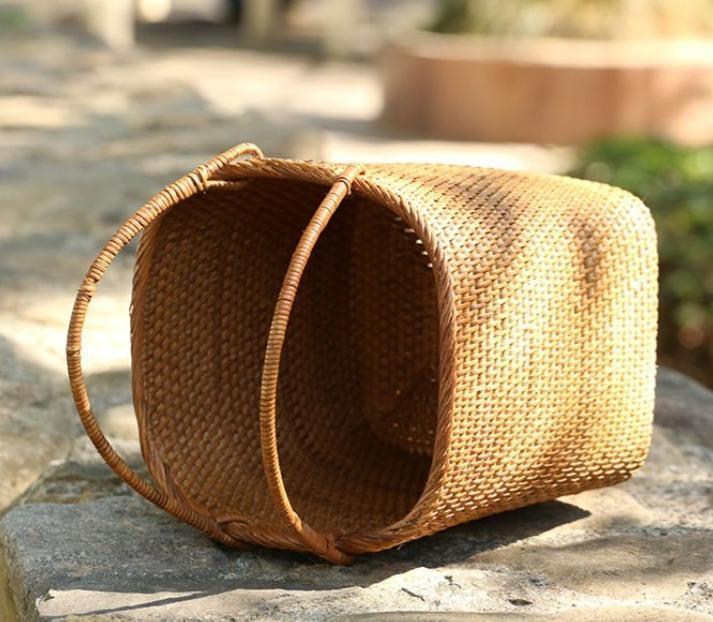 Woven Rattan Storage Basket with Handle, Storage Basket for Picnic, Fruit Storage Basket, Kitchen Storage Basekt-artworkcanvas