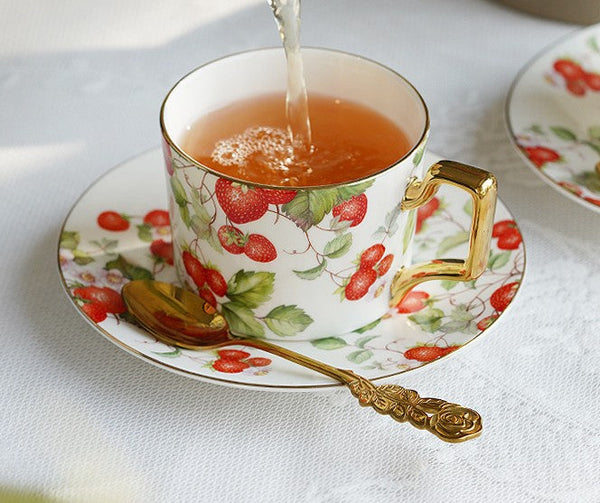 Strawberry Bone China Porcelain Tea Cup Set, Elegant Ceramic Coffee Cups, British Royal Ceramic Cups for Afternoon Tea, Unique Blue Tea Cup and Saucer in Gift Box-artworkcanvas