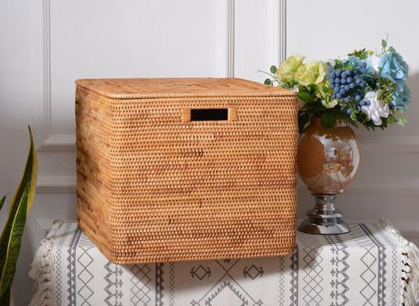 Extra Large Rattan Storage Baskets for Clothes, Rectangular Storage Basket with Lid, Kitchen Storage Baskets, Oversized Storage Baskets for Bedroom-artworkcanvas