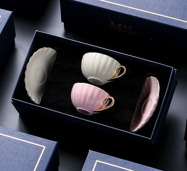 Unique Tea Cups and Saucers in Gift Box as Birthday Gift, Elegant Macaroon Ceramic Coffee Cups, Beautiful British Tea Cups, Creative Bone China Porcelain Tea Cup Set-artworkcanvas