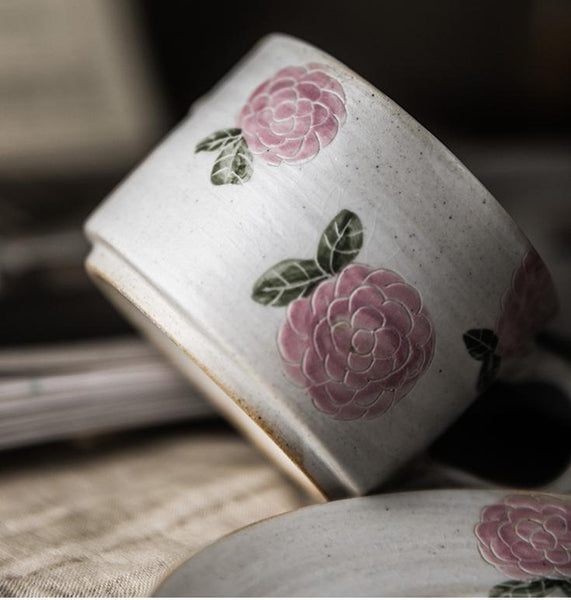 Cappuccino Coffee Mug, Rose Flower Pattern Coffee Cup, Tea Cup, Pottery Coffee Cups, Coffee Cup and Saucer Set-artworkcanvas