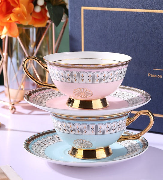 Royal Blue and Pink Bone China Porcelain Tea Cup Set, Tea Cups and Saucers in Gift Box, Elegant Ceramic Coffee Cups, Beautiful British Tea Cups-artworkcanvas