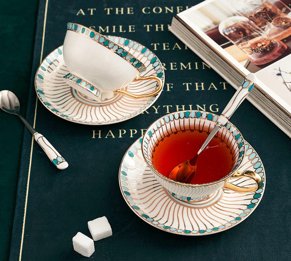 Unique Tea Cup and Saucer in Gift Box, Elegant British Ceramic Coffee Cups, Bone China Porcelain Tea Cup Set for Office, Green Ceramic Cups-artworkcanvas