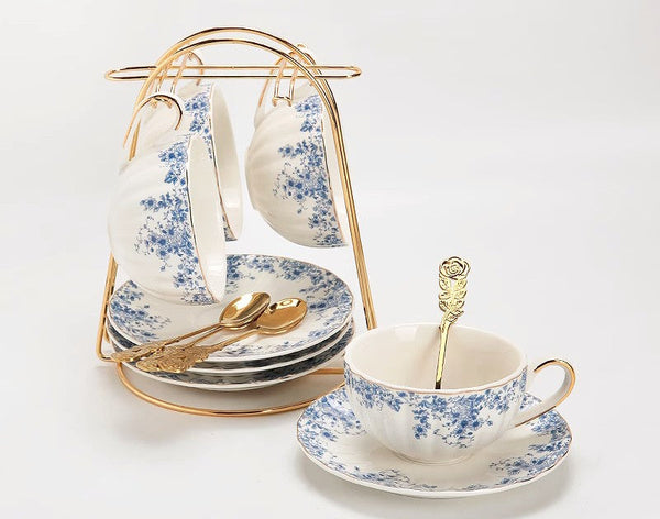 Blue Bone China Porcelain Tea Cup Set, British Royal Ceramic Cups for Afternoon Tea, Unique Blue Tea Cup and Saucer in Gift Box, Elegant Ceramic Coffee Cups-artworkcanvas