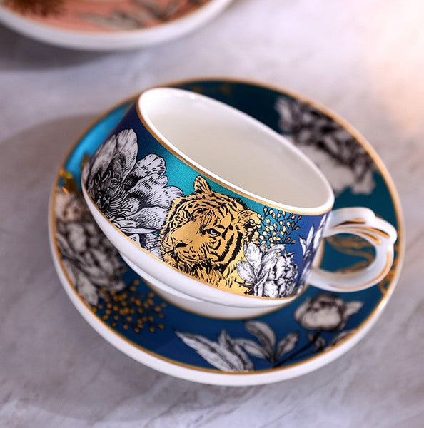 Creative Ceramic Tea Cups and Saucers, Jungle Tiger Cheetah Porcelain Coffee Cups, Unique Ceramic Cups with Gold Trim and Gift Box-artworkcanvas