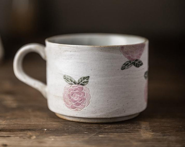 Cappuccino Coffee Mug, Rose Flower Pattern Coffee Cup, Tea Cup, Pottery Coffee Cups, Coffee Cup and Saucer Set-artworkcanvas