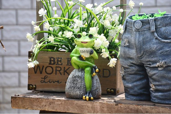 Frog Drinking Coffee Statue for Garden, Animal Statue for Garden Courtyard Ornament, Villa Outdoor Decor Gardening Ideas-artworkcanvas