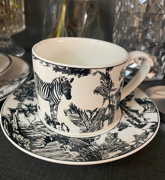 Unique Tea Cup and Saucer in Gift Box, Zebra Jungle Bone China Porcelain Tea Cup Set, Royal Ceramic Cups, Elegant Ceramic Coffee Cups-artworkcanvas