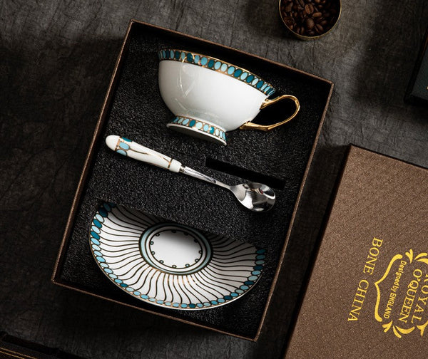 Unique Tea Cup and Saucer in Gift Box, Elegant British Ceramic Coffee Cups, Bone China Porcelain Tea Cup Set for Office, Green Ceramic Cups-artworkcanvas