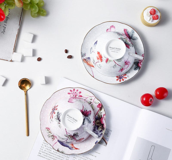 Unique Porcelain Cup and Saucer, Beautiful British Flower Tea Cups, Elegant Ceramic Coffee Cups, Creative Bone China Porcelain Tea Cup Set-artworkcanvas