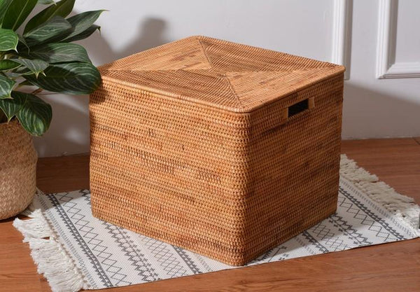 Square Storage Basket with Lid, Extra Large Storage Baskets for Clothes, Rattan Storage Basket for Shelves, Oversized Storage Baskets for Kitchen-artworkcanvas
