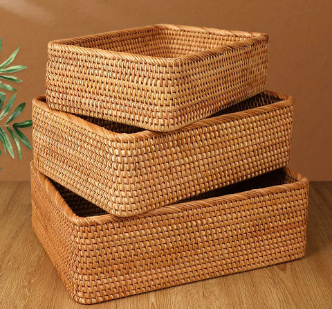 Rectangular Storage Basket for Living Room, Small Kitchen Storage Baskets, Woven Storage Baskets, Rattan Storage Baskets for Shelves-artworkcanvas