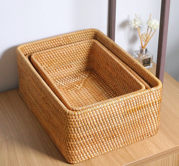 Rectangular Storage Basket for Living Room, Small Kitchen Storage Baskets, Woven Storage Baskets, Rattan Storage Baskets for Shelves-artworkcanvas
